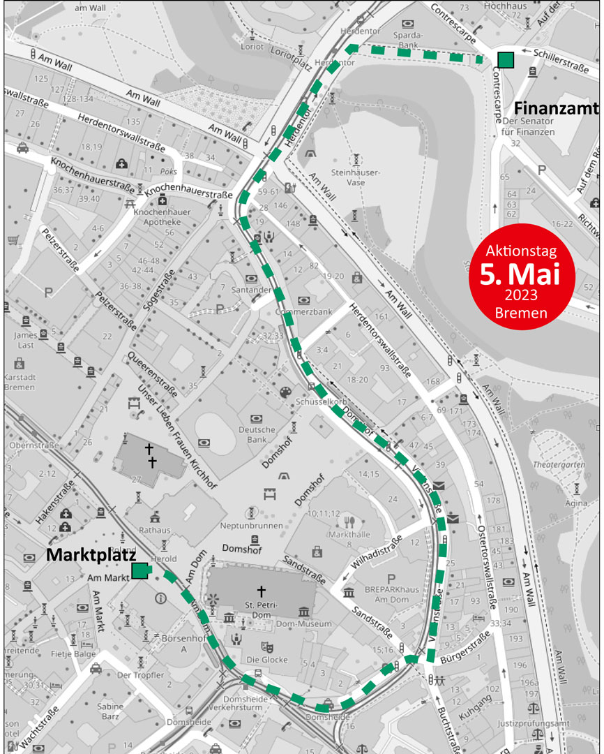Route am Protesttag 5. Mai 2023. Treffen Rudolf-Hilferding-Platz, dann Herdentor, Schüsselkorb, Violenstraße und via Domsheide zum Marktplatz