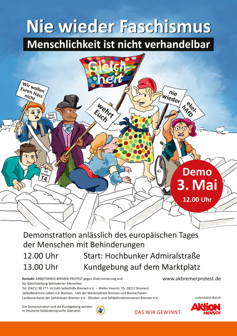 Plakatmotiv zur Demo am 3. Mai in Bremen. Die Trolle gehen auf die Barrikaden und wenden sich gegen Faschismus unter dem Motto: Menschlichkeit ist nicht verhandelbar